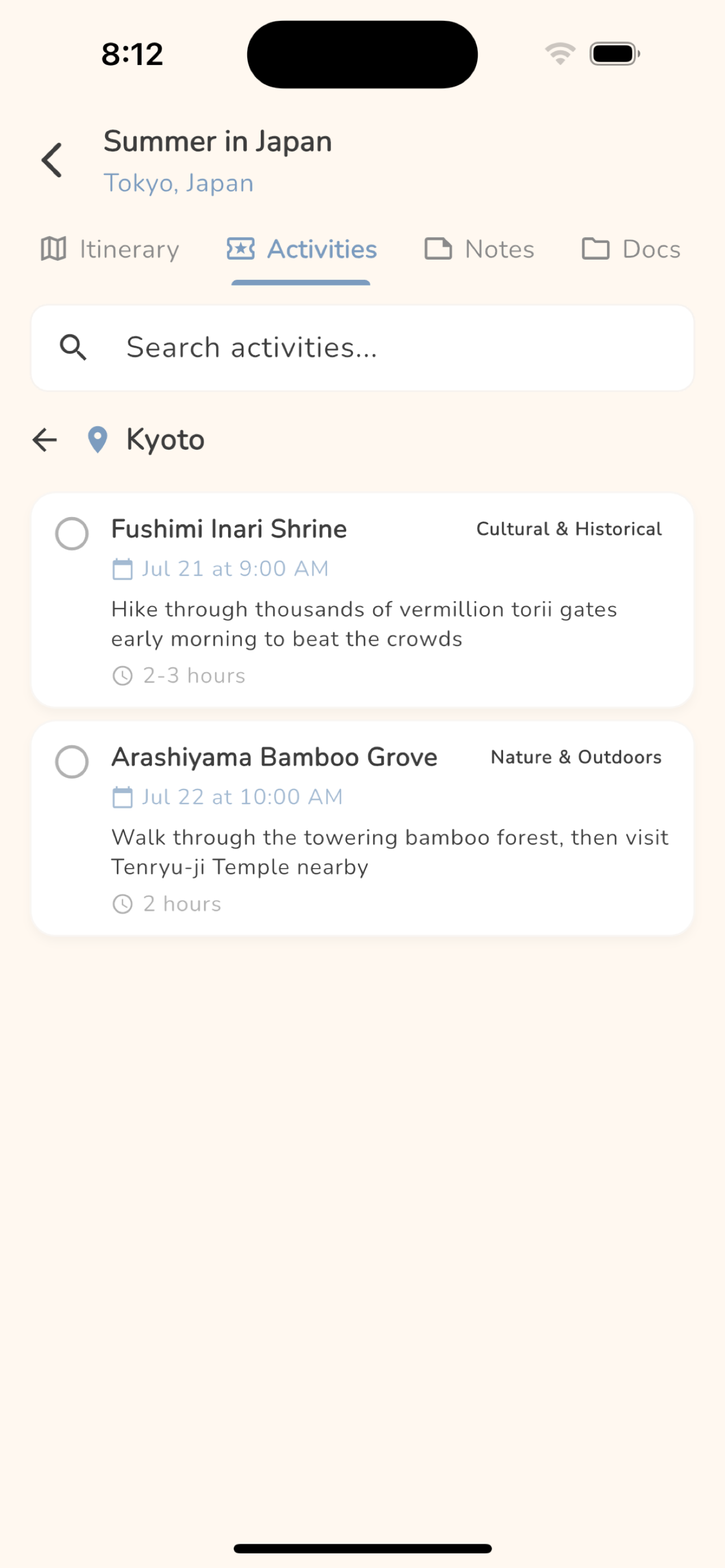 Travel activities grouped by area with scheduled times