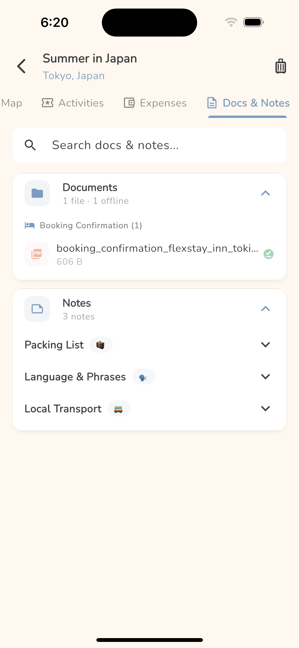Offline travel documents, booking confirmations, and notes