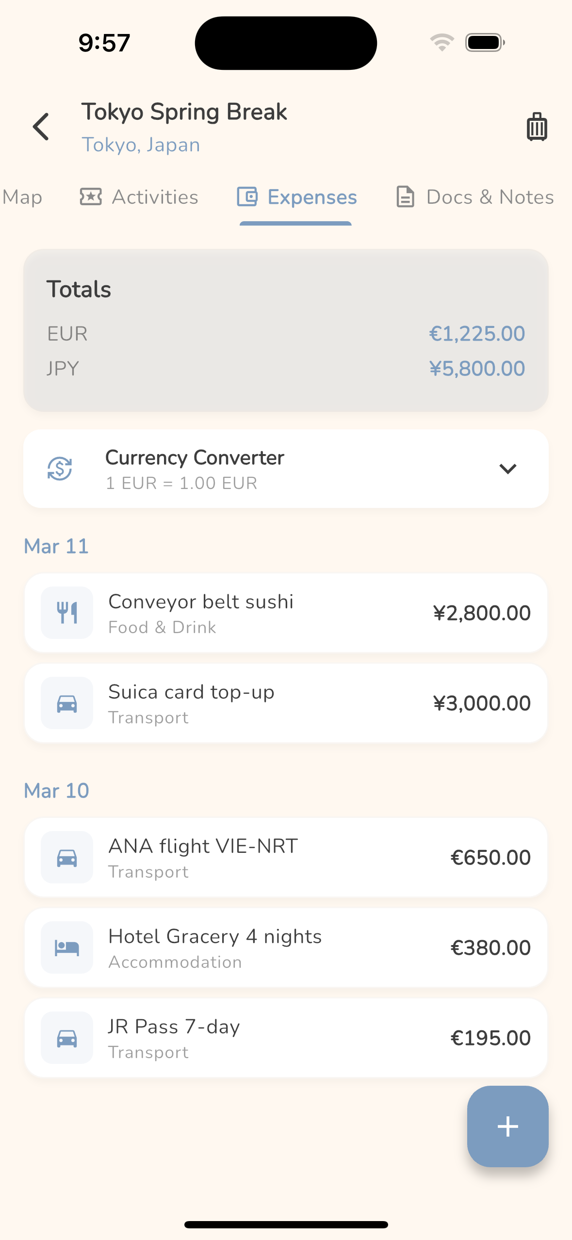 Multi-currency travel expense tracking with totals by date