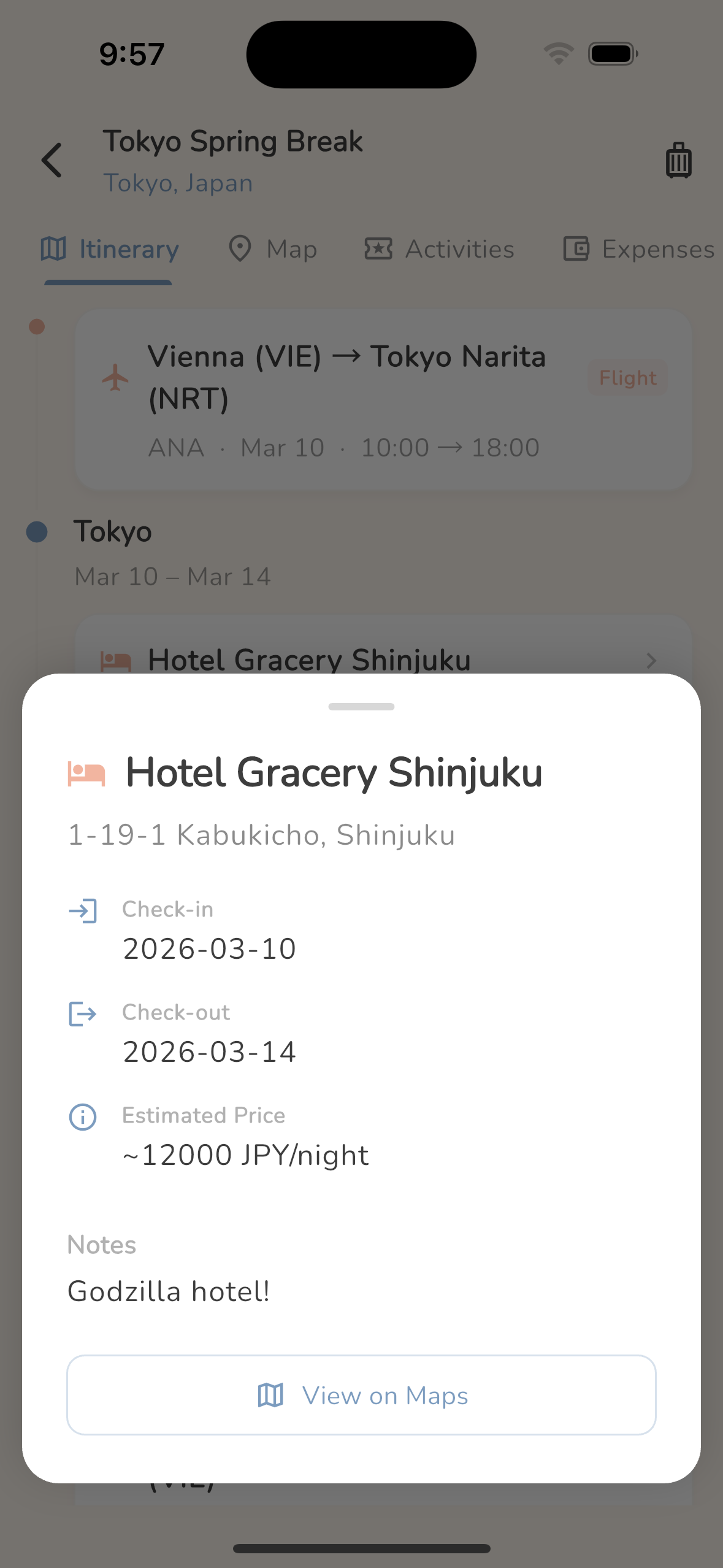 Hotel stay detail with check-in dates, confirmation code, and directions