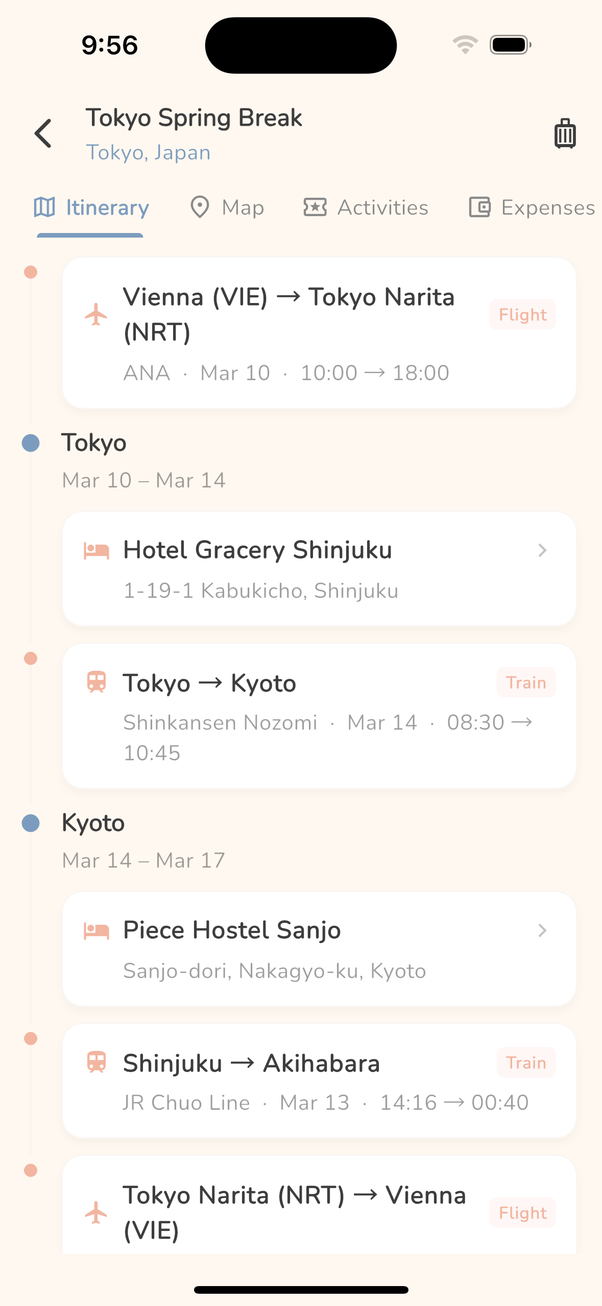 Offline travel itinerary timeline with flights, stays, and trains