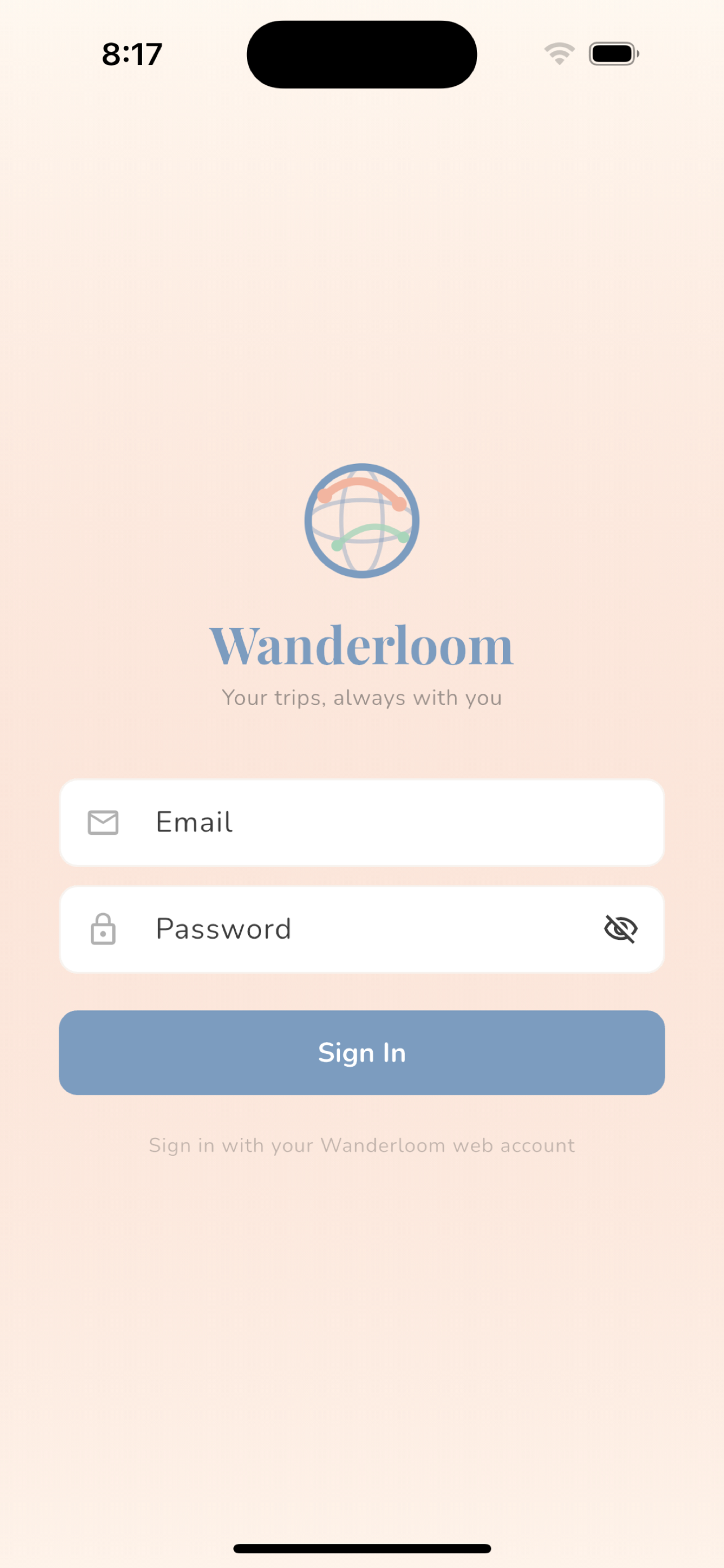Wanderloom Companion app login screen