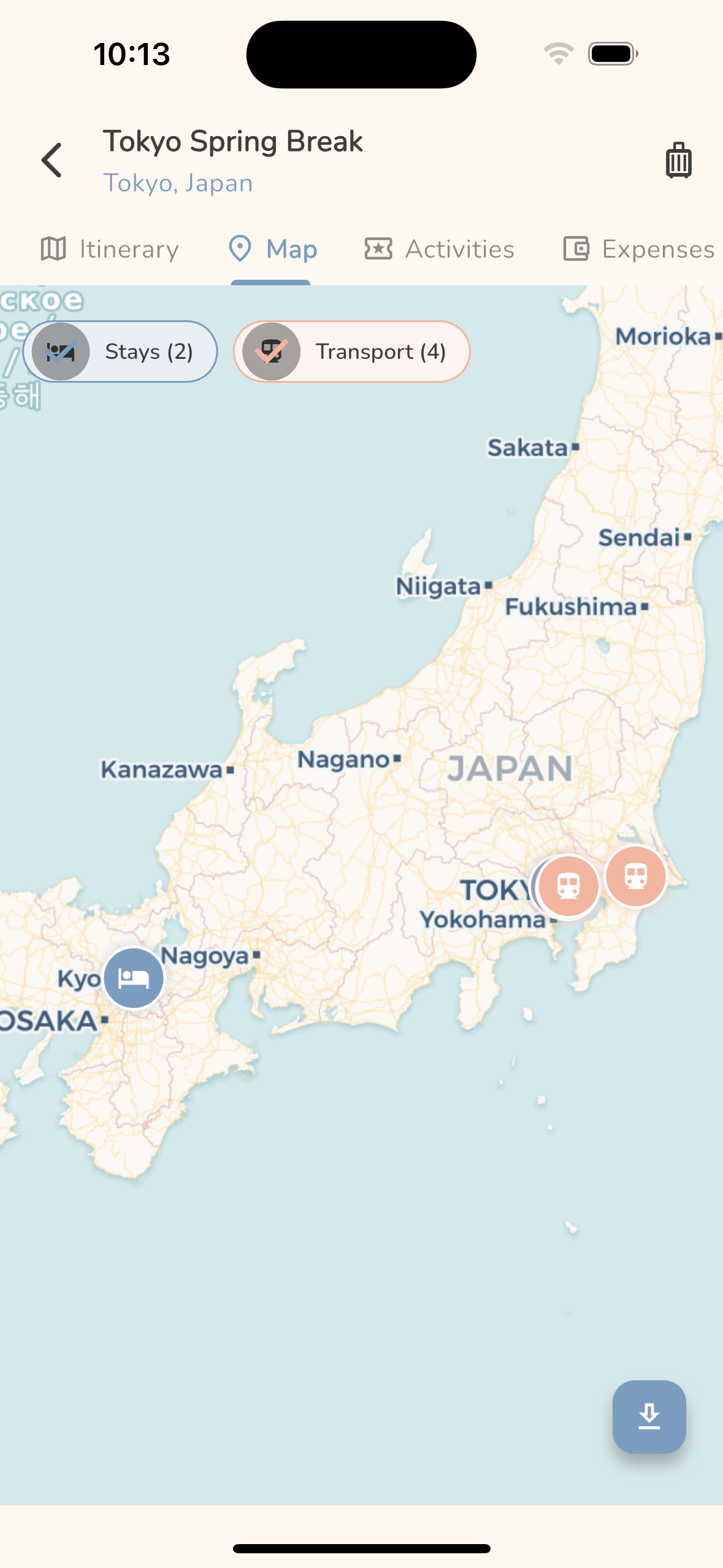 Interactive travel map with stays and transport routes