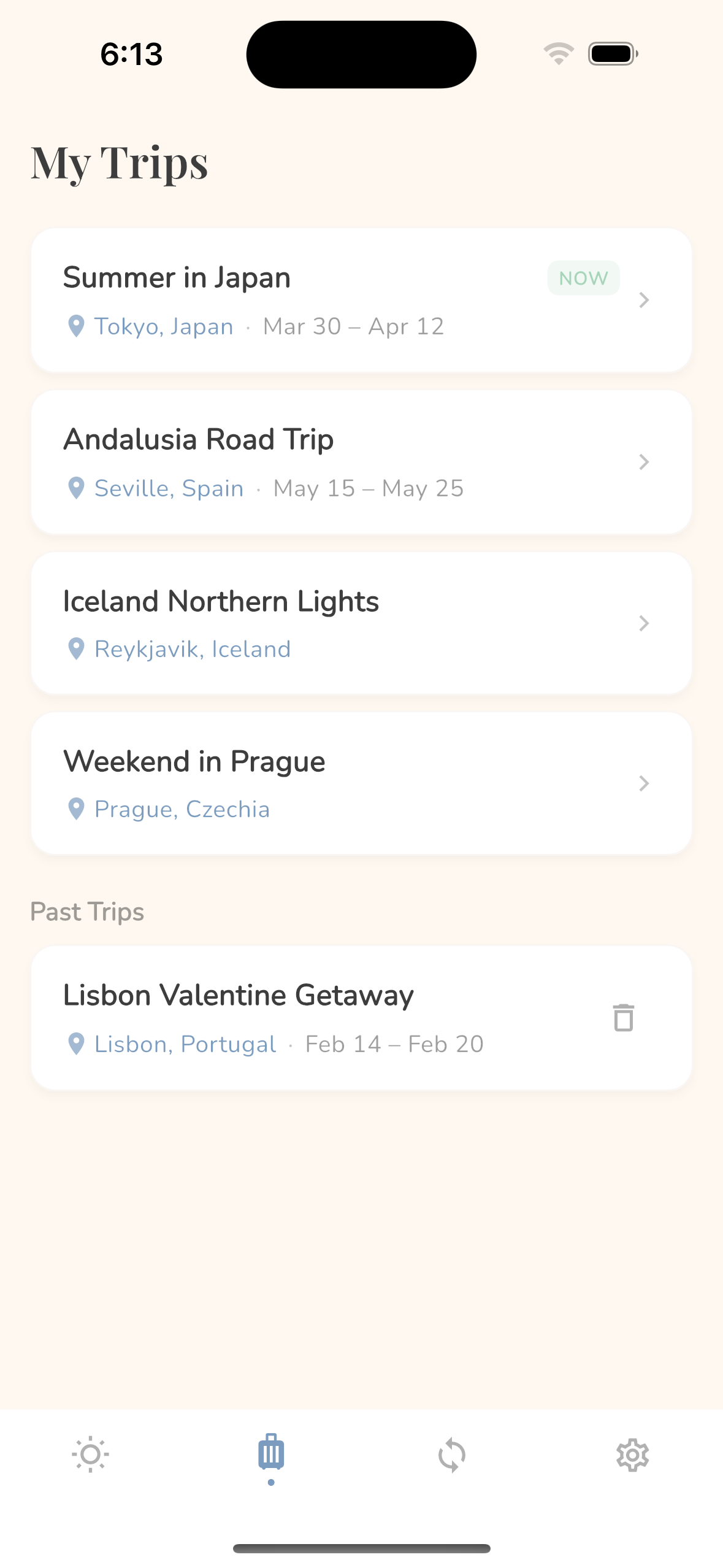 Trip list in the Wanderloom Companion app with active and upcoming trips