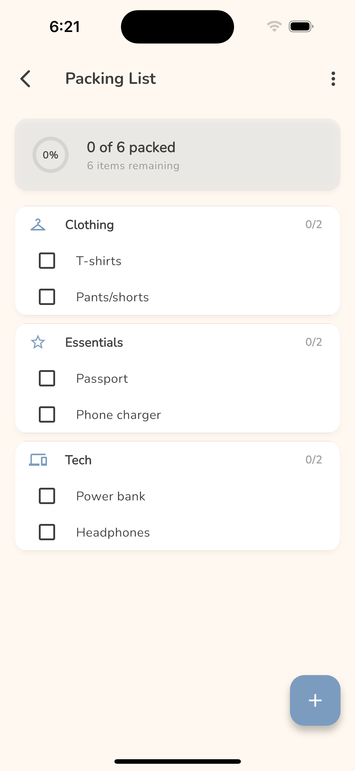 Packing list with categories and templates