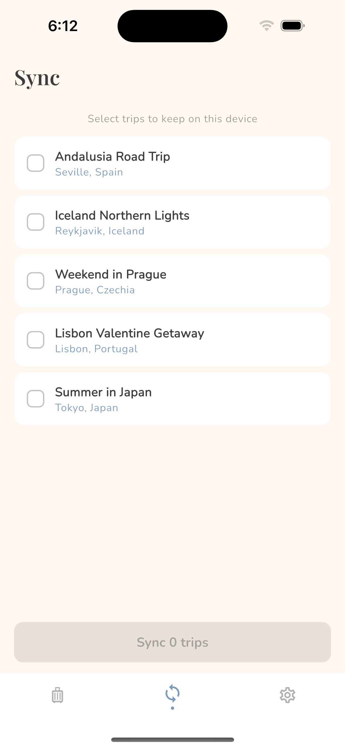 Selective trip sync screen for offline downloads