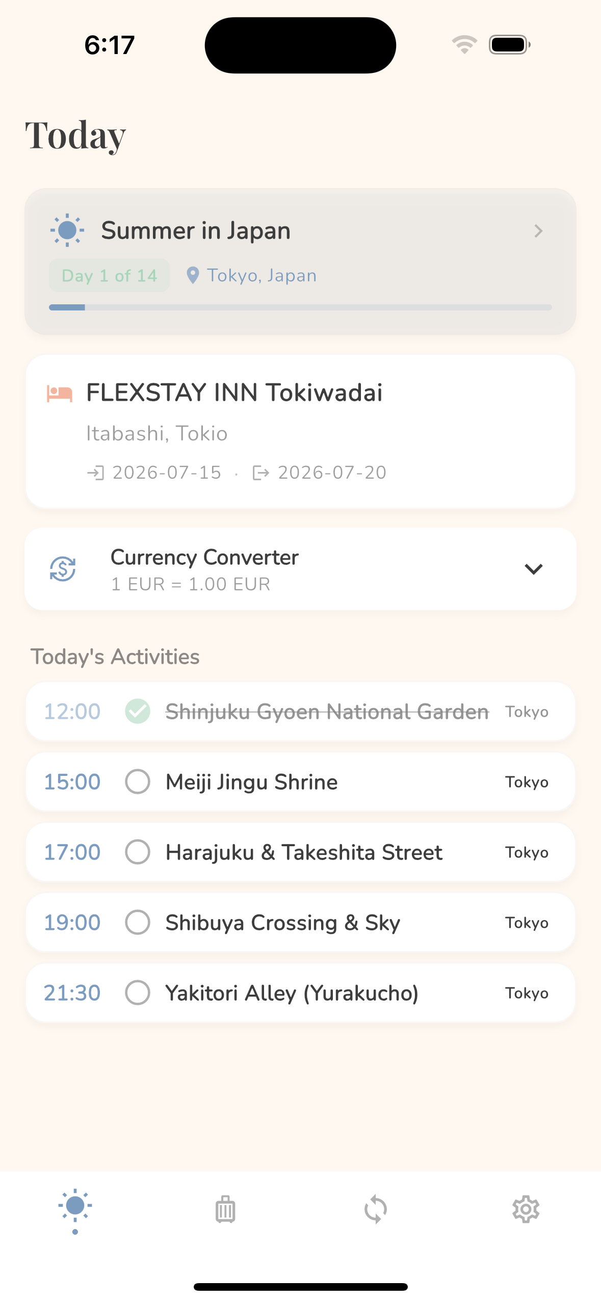 Today view showing current stay, currency converter, and today's activities